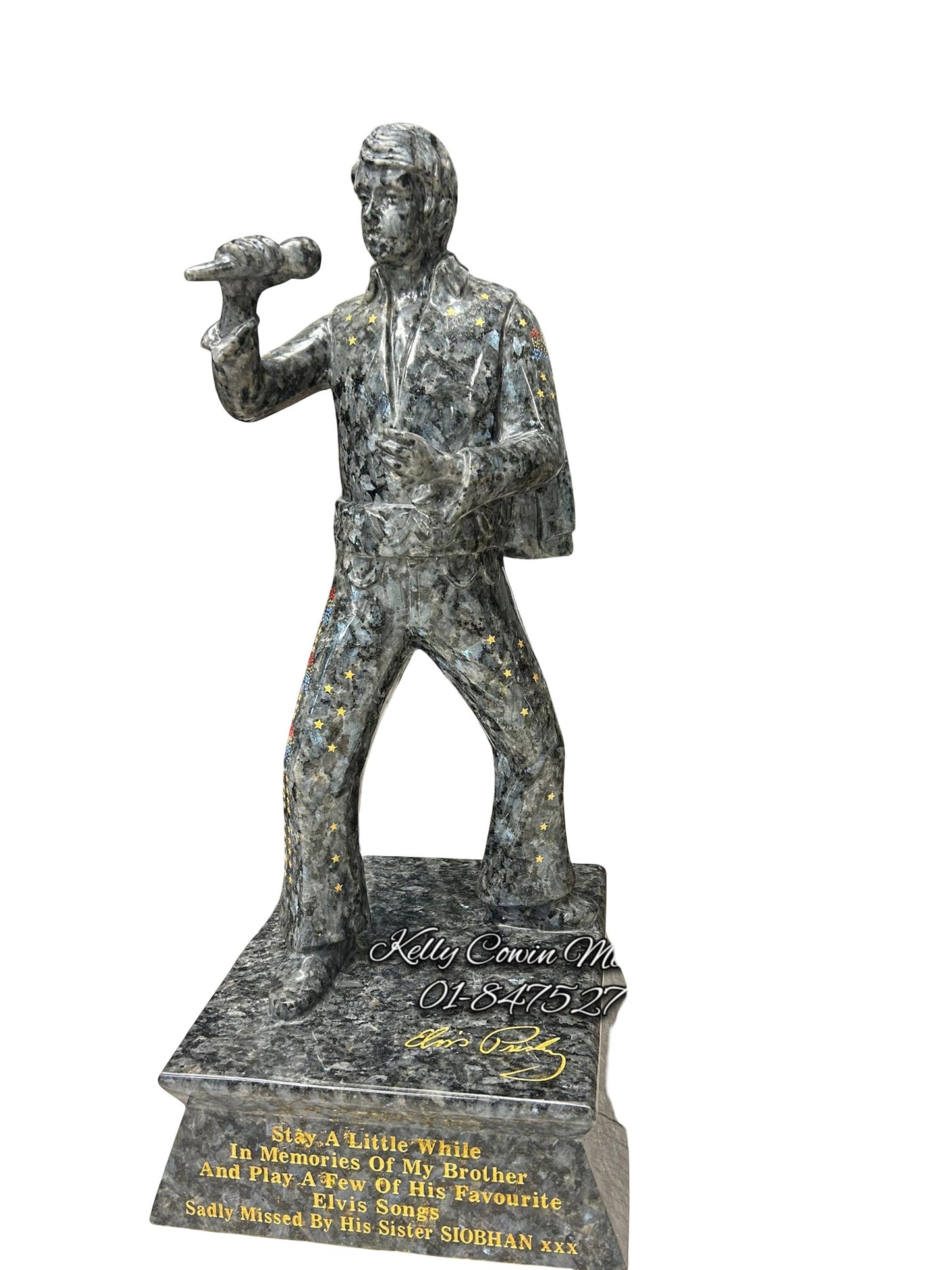 Blue Pearl granite Elvis statue memorial for graves and headstones handcrafted in Dublin with nationwide delivery across Ireland
