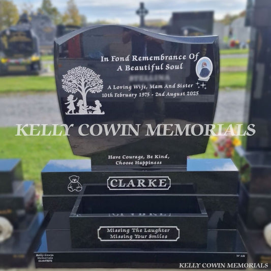 Black Granite C1 Headstone | Dardistown Cemetery  with 9x12 oval photo and a flowerbox- Kelly Cowin Memorials