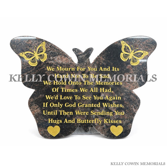 Pandora granite butterfly shaped memorial plaque with gold engraved inscription by Kelly Cowin Memorials Ireland