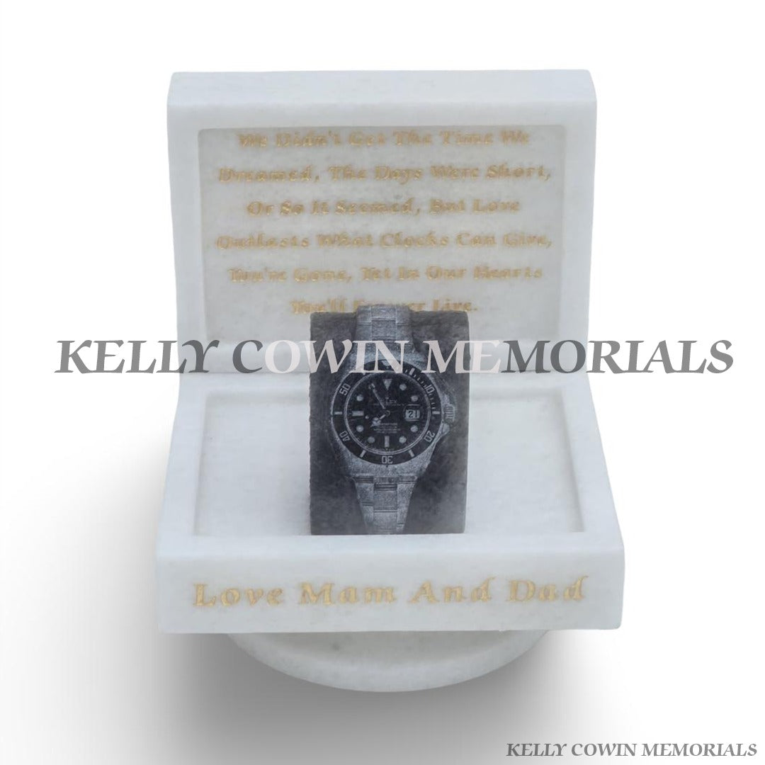 Crystal White marble Rolex watch memorial with engraved watch design and gold lettering by Kelly Cowin Memorials Ireland available locally and nationwide.