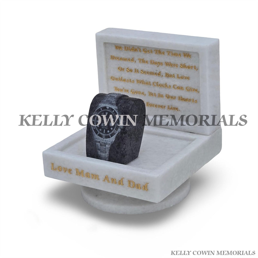 Crystal White marble Rolex watch memorial with engraved watch design and gold lettering by Kelly Cowin Memorials Ireland available locally and nationwide side view