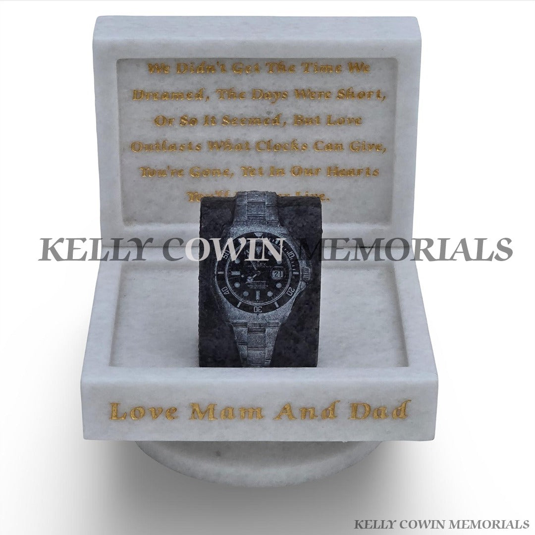 Crystal White marble Rolex watch memorial with engraved watch design and gold lettering by Kelly Cowin Memorials Ireland available locally and nationwide.