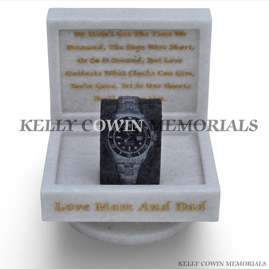 Crystal White marble Rolex watch memorial with engraved watch design and gold lettering by Kelly Cowin Memorials Ireland available locally and nationwide.