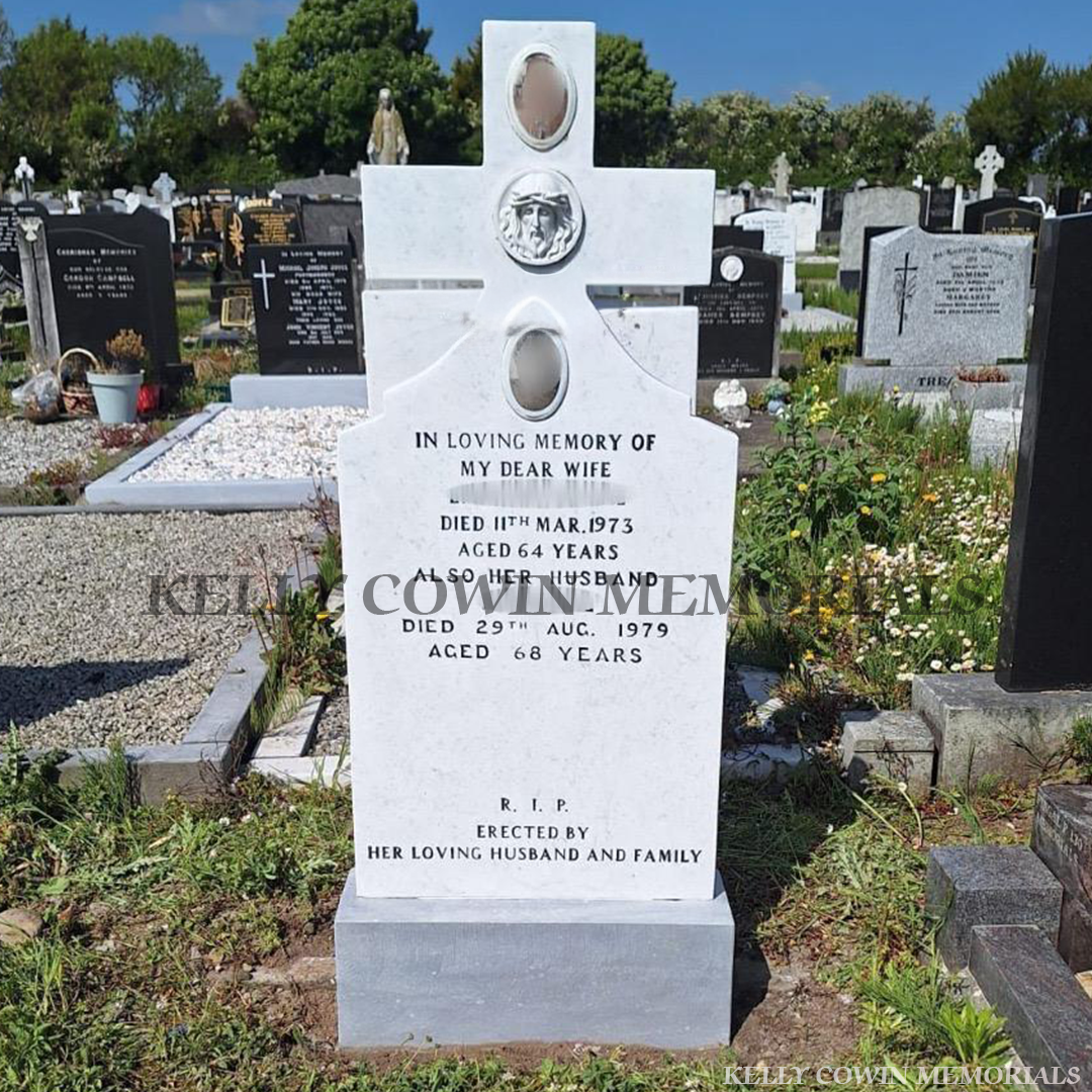 Before and after headstone restoration showing cleaned white memorial stone restored to original condition in cemetery by Kelly Cowin Memorials
