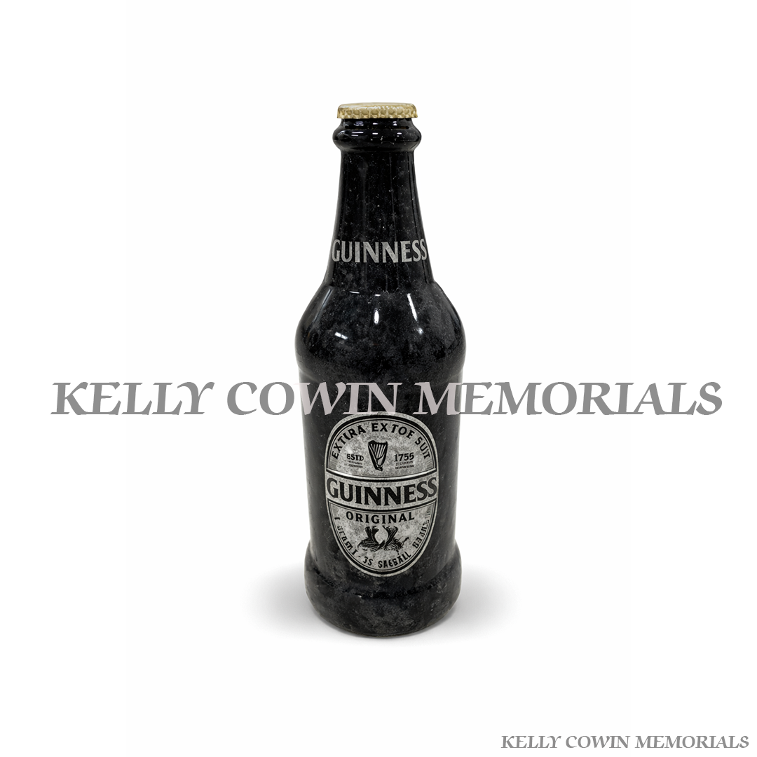 Guinness granite beer bottle grave accessory with polished finish for headstone memorials, Kelly Cowin Memorials Ireland