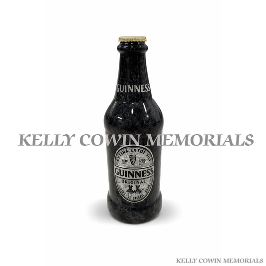 Guinness granite beer bottle grave accessory with polished finish for headstone memorials, Kelly Cowin Memorials Ireland