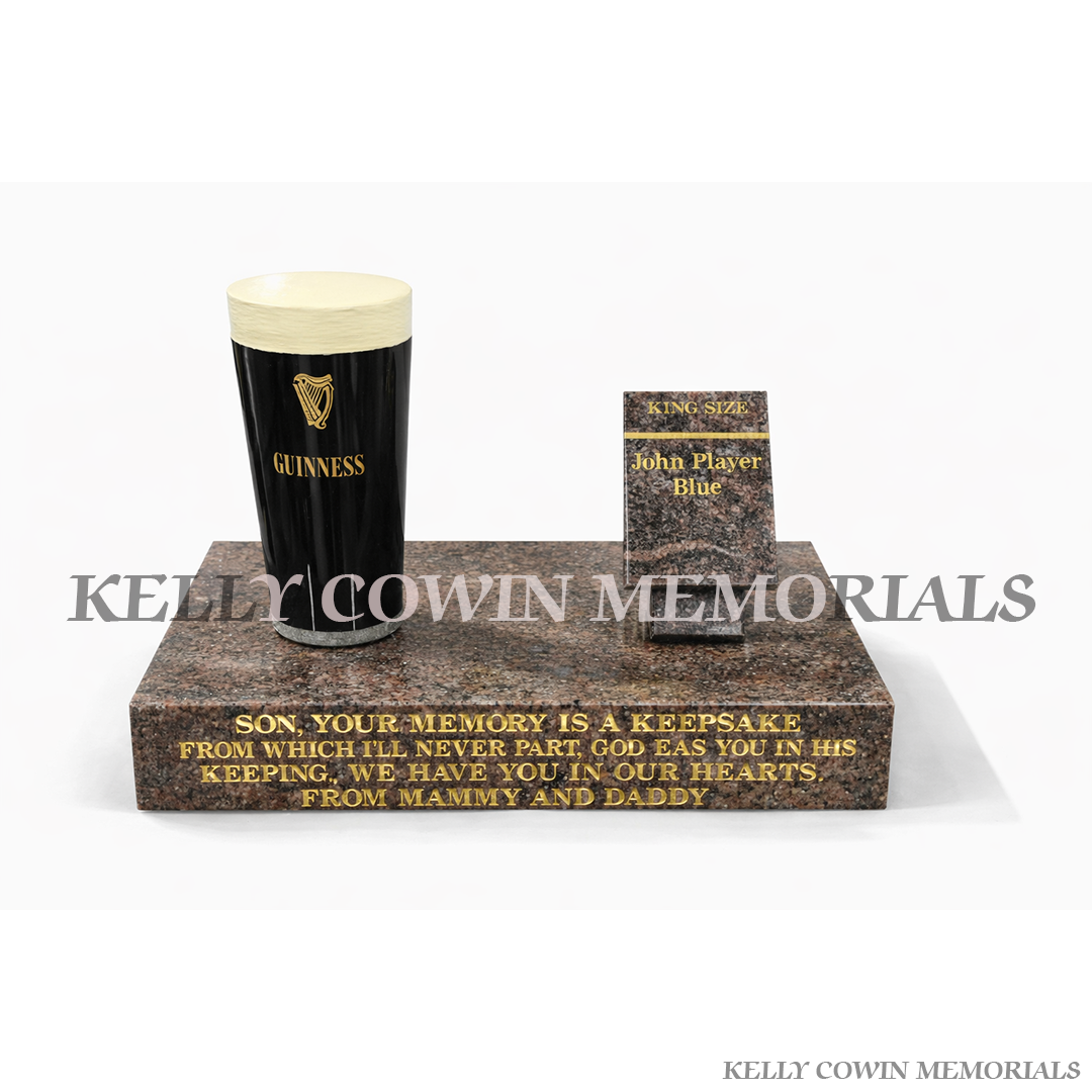 Granite smoke box and pint of Guinness memorial grave accessory on polished granite plinth by Kelly Cowin Memorials Ireland