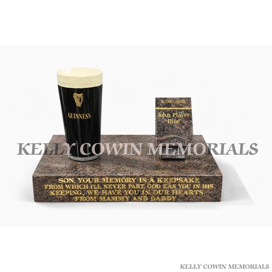 Granite smoke box and pint of Guinness memorial grave accessory on polished granite plinth by Kelly Cowin Memorials Ireland