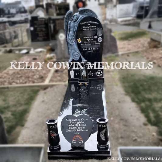 Front view of antique finish Angel headstone in Black Granite with covering slab erected in Glasnevin Cemetery by Kelly Cowin Memorials