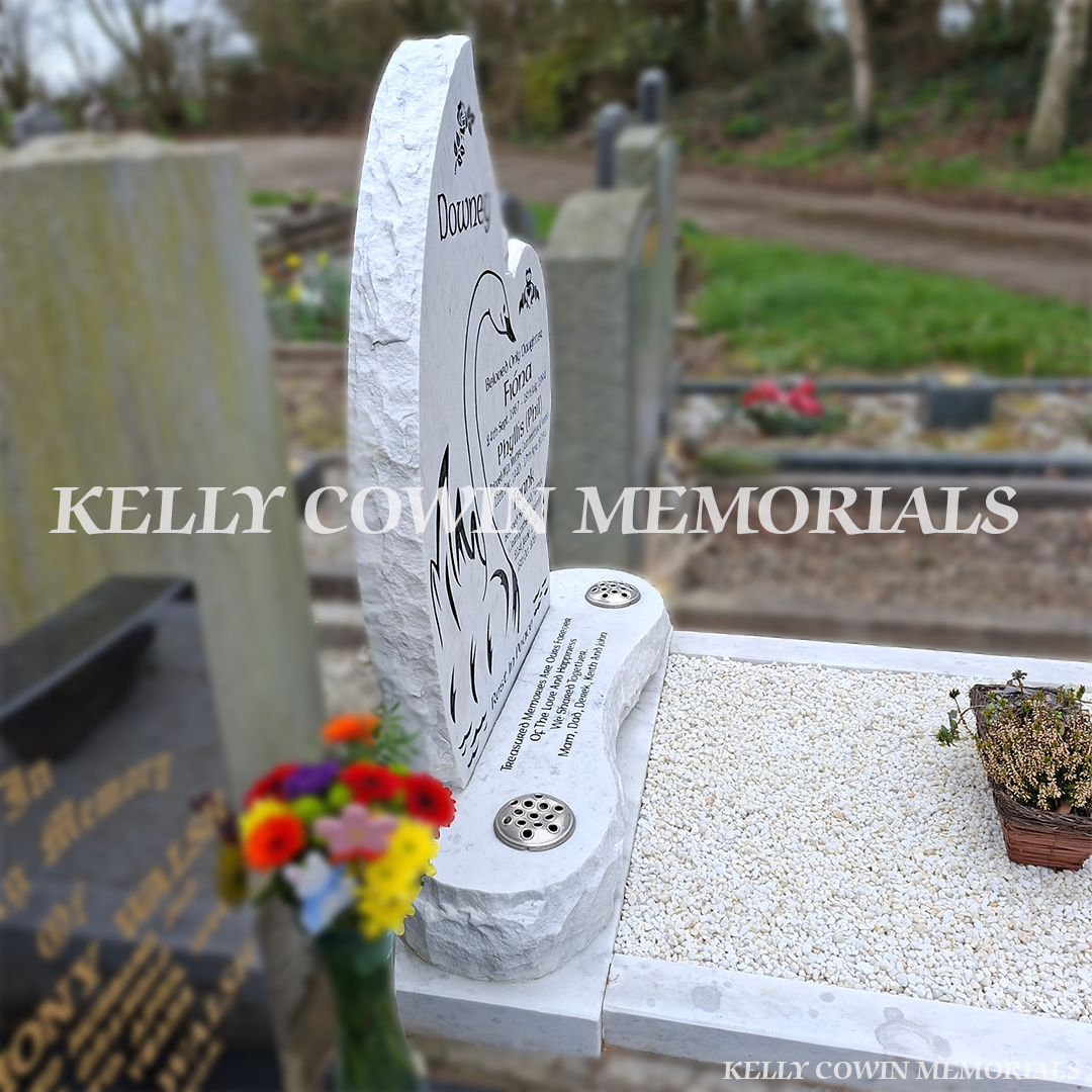 Before and after headstone renovation showing restored white memorial with fresh decorative chippings and cleaned stone by Kelly Cowin Memorials