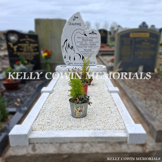 Before and after headstone renovation showing restored white memorial with fresh decorative chippings and cleaned stone by Kelly Cowin Memorials