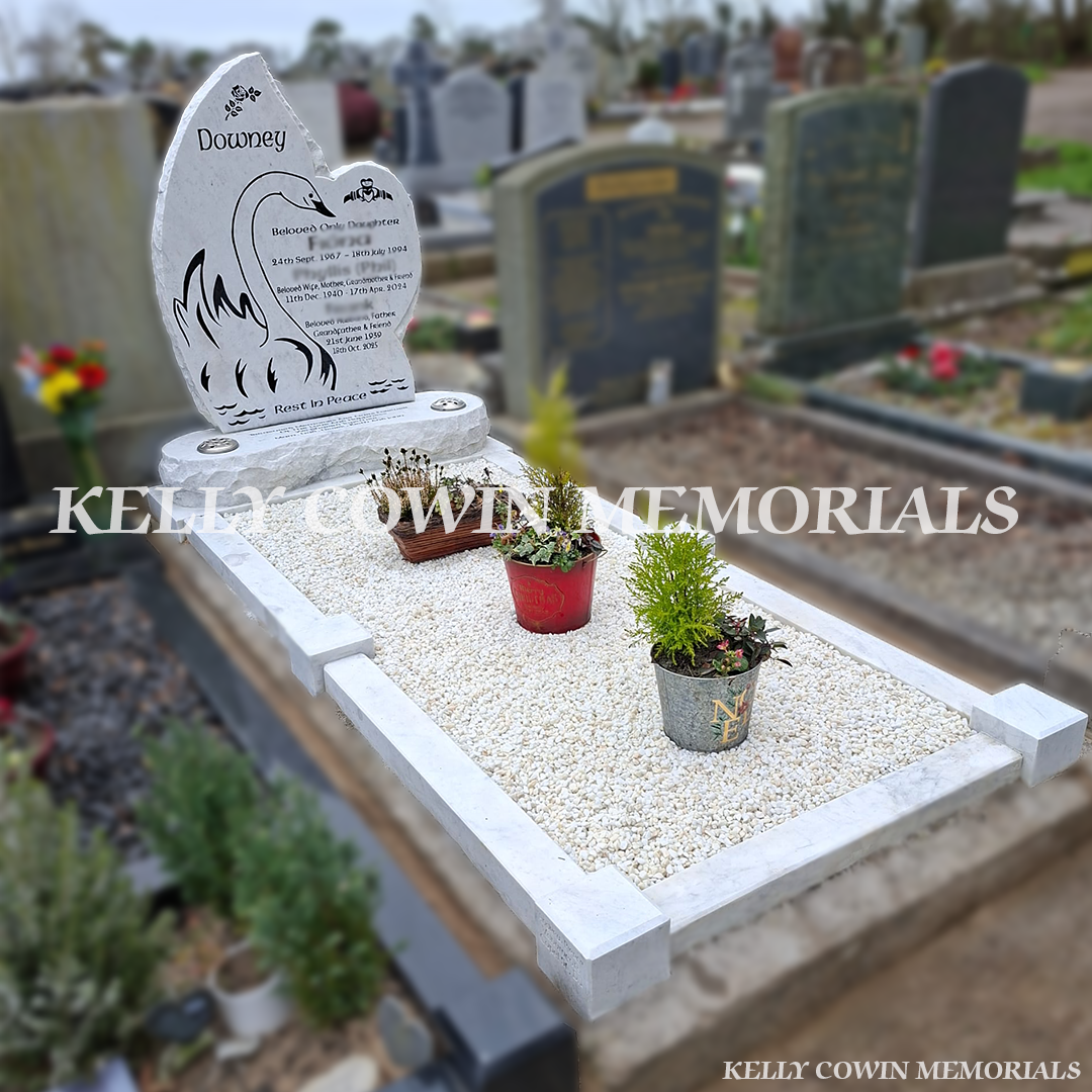 Before and after headstone renovation showing restored white memorial with fresh decorative chippings and cleaned stone by Kelly Cowin Memorials
