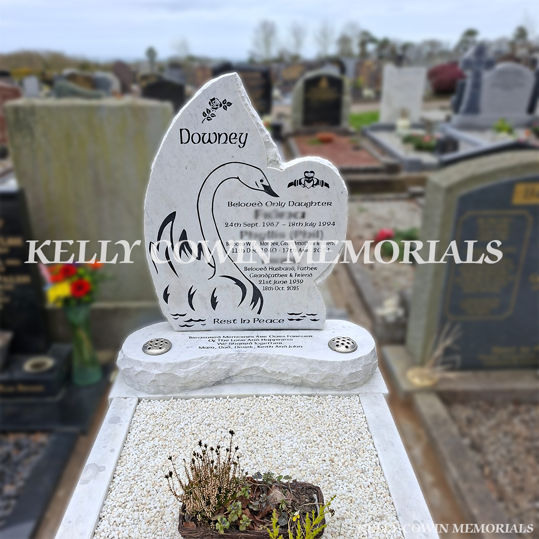 Before and after headstone renovation showing restored white memorial with fresh decorative chippings and cleaned stone by Kelly Cowin Memorials