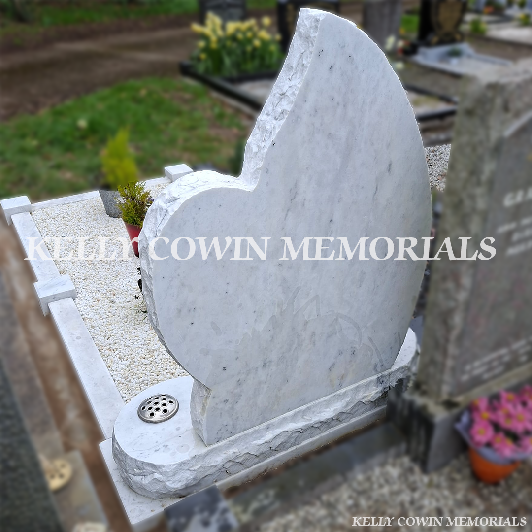 Before and after headstone renovation showing restored white memorial with fresh decorative chippings and cleaned stone by Kelly Cowin Memorials