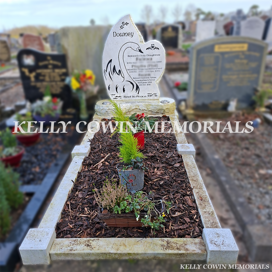 Before and after headstone renovation showing restored white memorial with fresh decorative chippings and cleaned stone by Kelly Cowin Memorials