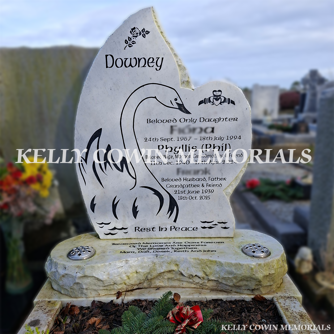 Before and after headstone renovation showing restored white memorial with fresh decorative chippings and cleaned stone by Kelly Cowin Memorials