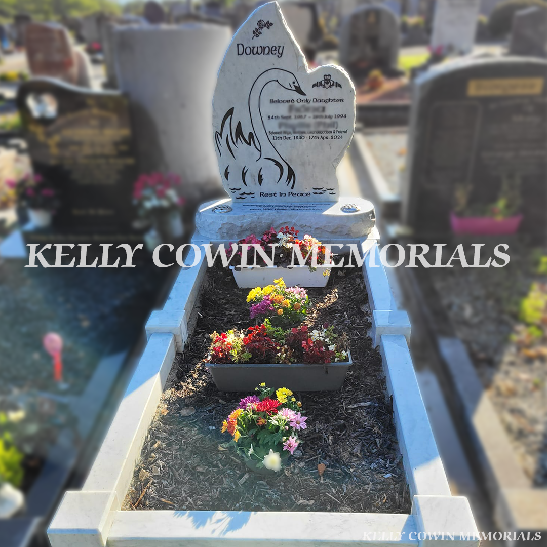 Before and after headstone renovation showing restored white memorial with fresh decorative chippings and cleaned stone by Kelly Cowin Memorials
