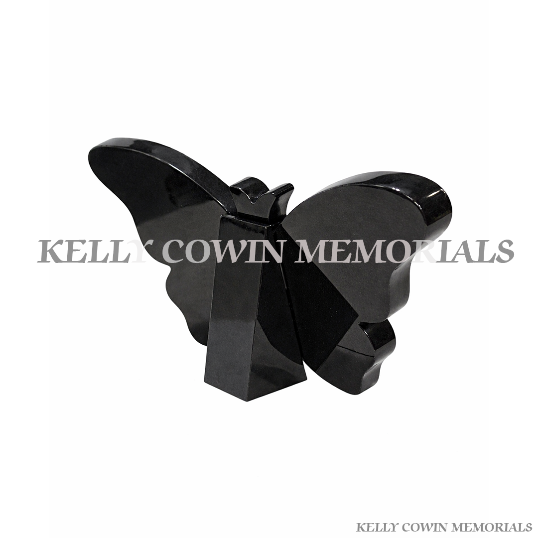 Black granite butterfly back view memorial plaque with engraved detailing by Kelly Cowin Memorials Ireland, available locally and nationwide.