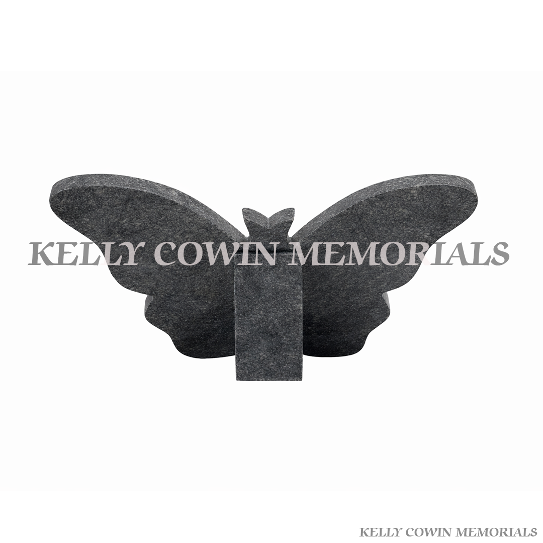 Blue Lagoon granite butterfly memorial plaque with engraved butterflies by Kelly Cowin Memorials Ireland – personalised memorial plaque local and nationwide service Side view