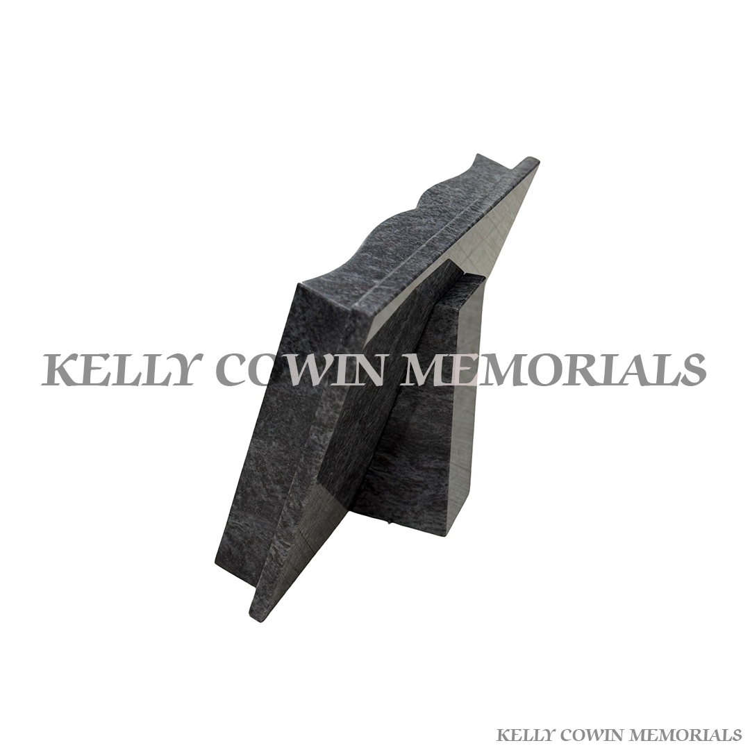 Blue Lagoon granite book memorial ornament handcrafted in Dublin by Kelly Cowin Memorials. Custom grave accessories with nationwide delivery and fitting across Ireland side view