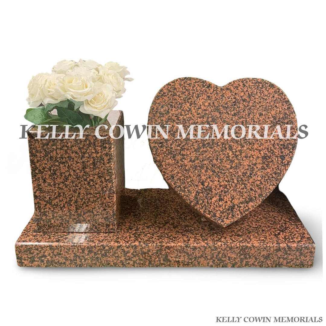 Front view of Balmoral Red square vase and 12 inch heart plaque on plinth