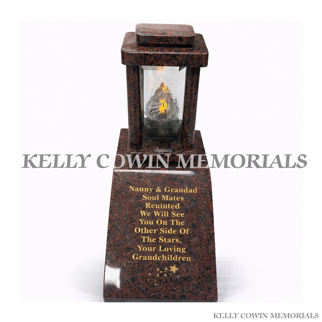 Balmoral Red granite memorial lantern on sloped vase base grave tribute light Ireland