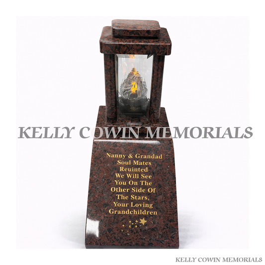 Balmoral Red granite memorial lantern on sloped vase base grave tribute light Ireland