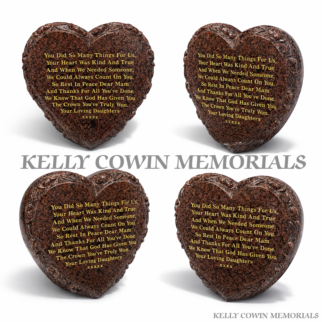 Balmoral red granite heart shaped memorial plaque with carved rose by Kelly Cowin Memorials Ireland