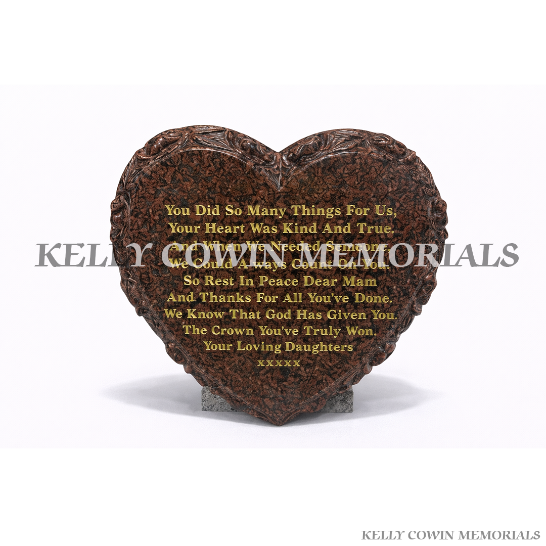 Balmoral red granite heart shaped memorial plaque with carved rose by Kelly Cowin Memorials Ireland