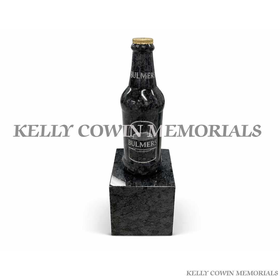 Blue Lagoon granite Bulmers beer bottle memorial on engraved granite block grave accessory Ireland