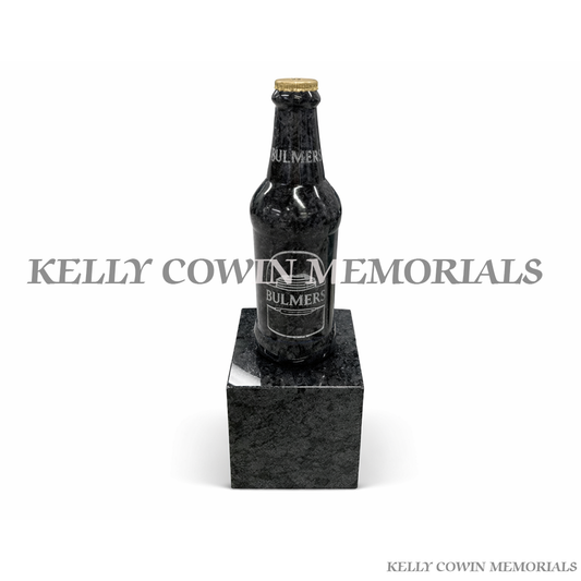 Blue Lagoon granite Bulmers beer bottle memorial on engraved granite block grave accessory Ireland