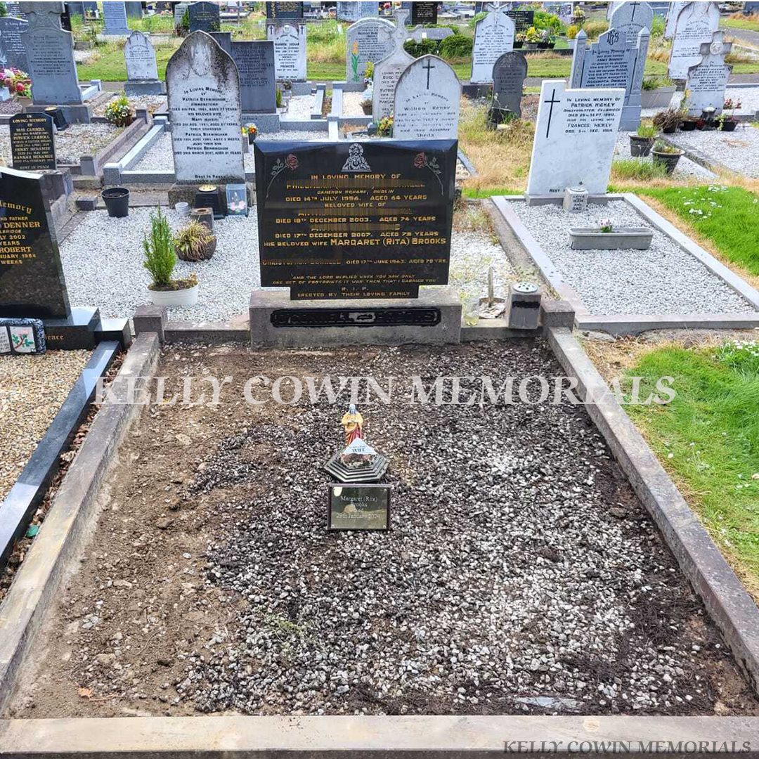 before grave renovation with limestone kerbing and decorative stone chippings in Dublin cemetery