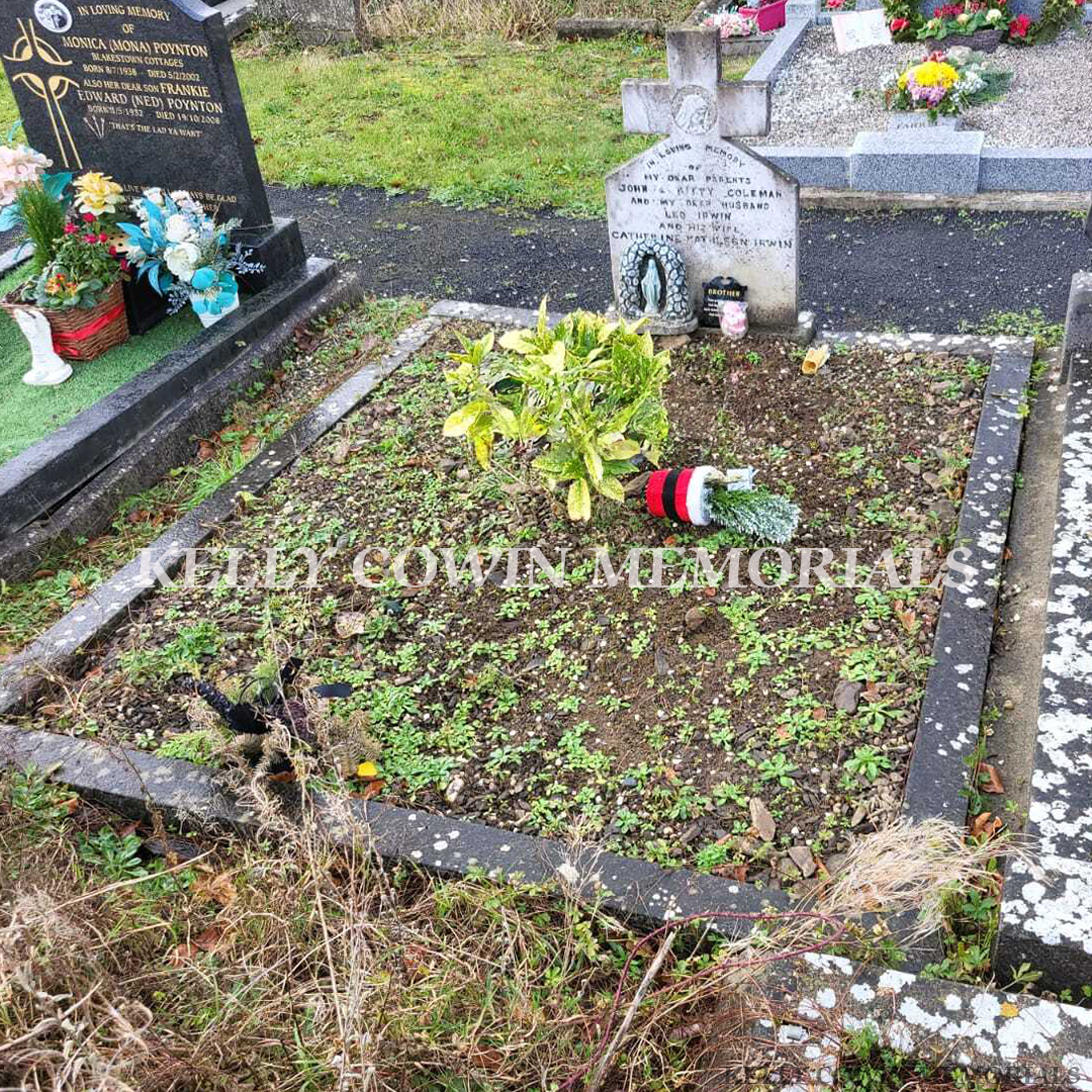 Before and after grave renovation with new granite borders and memorial chippings by Kelly Cowin Memorials Dublin Ireland offering local and nationwide memorial restoration services