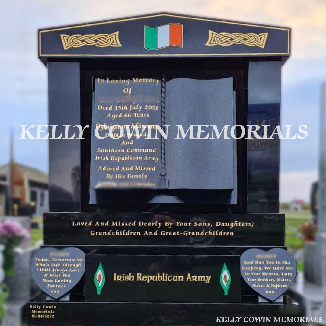 Front view of black granite book headstone with gold inscription and engraved Irish flag in Dardistown Cemetery Dublin