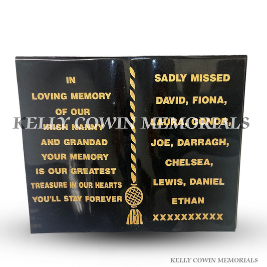 Polished black granite memorial book plaque with gold leaf lettering for grave accessory.