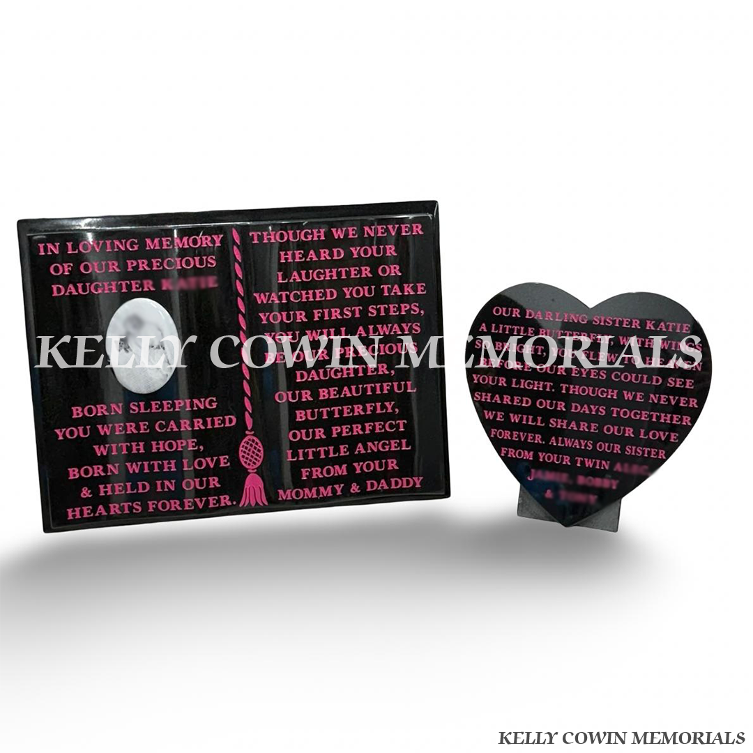 Black granite heart and open book memorial plaques with personalised pink inscription and ceramic photograph by Kelly Cowin Memorials Ireland.