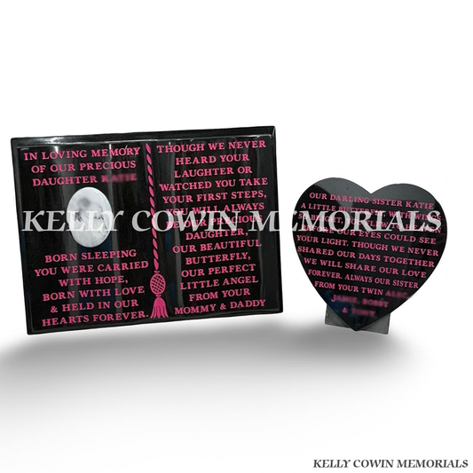 Black granite heart and open book memorial plaques with personalised pink inscription and ceramic photograph by Kelly Cowin Memorials Ireland.