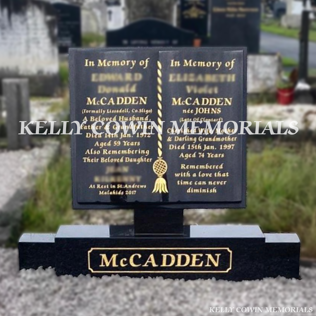 Front view of Black Granite book headstone erected in Balgriffin Cemetery Dublin