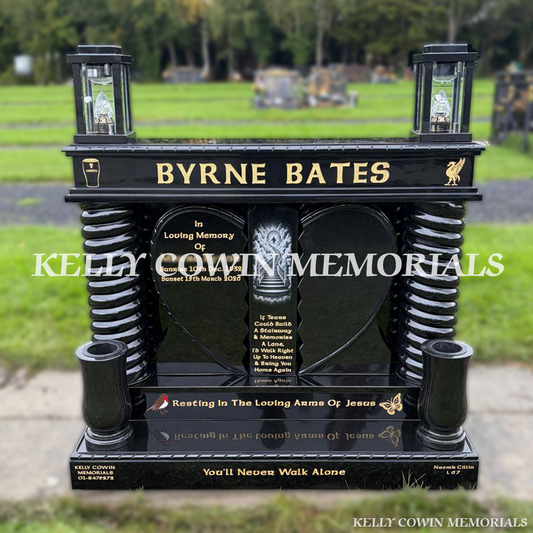 Black granite broken heart headstone with gold engraving, backing plate, twisted pillars, granite cap, two solar lanterns, two large matching vases and personalised laser image, erected in Newlands Cemetery, Dublin, by Kelly Cowin Memorials.