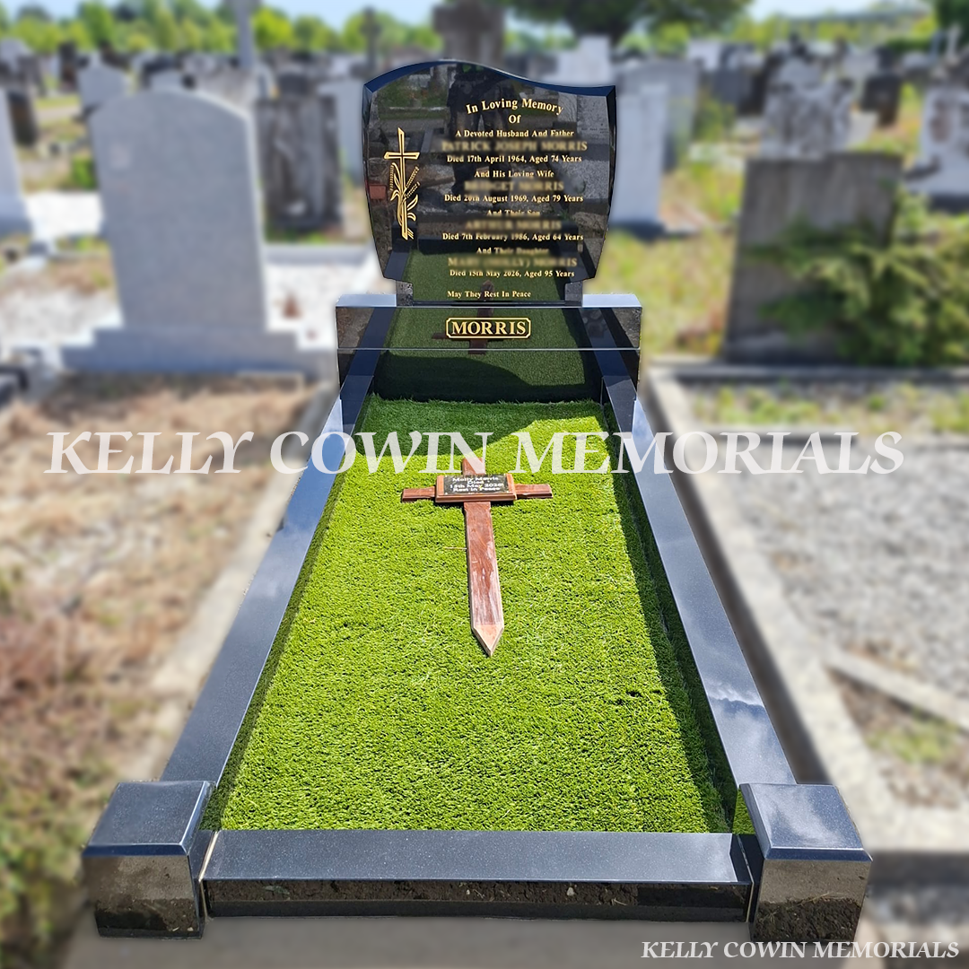 Black Granite C1 Headstone with full polished granite kerbing and gold leaf inscription professionally installed in Fingal Cemetery by Kelly Cowin Memorials.