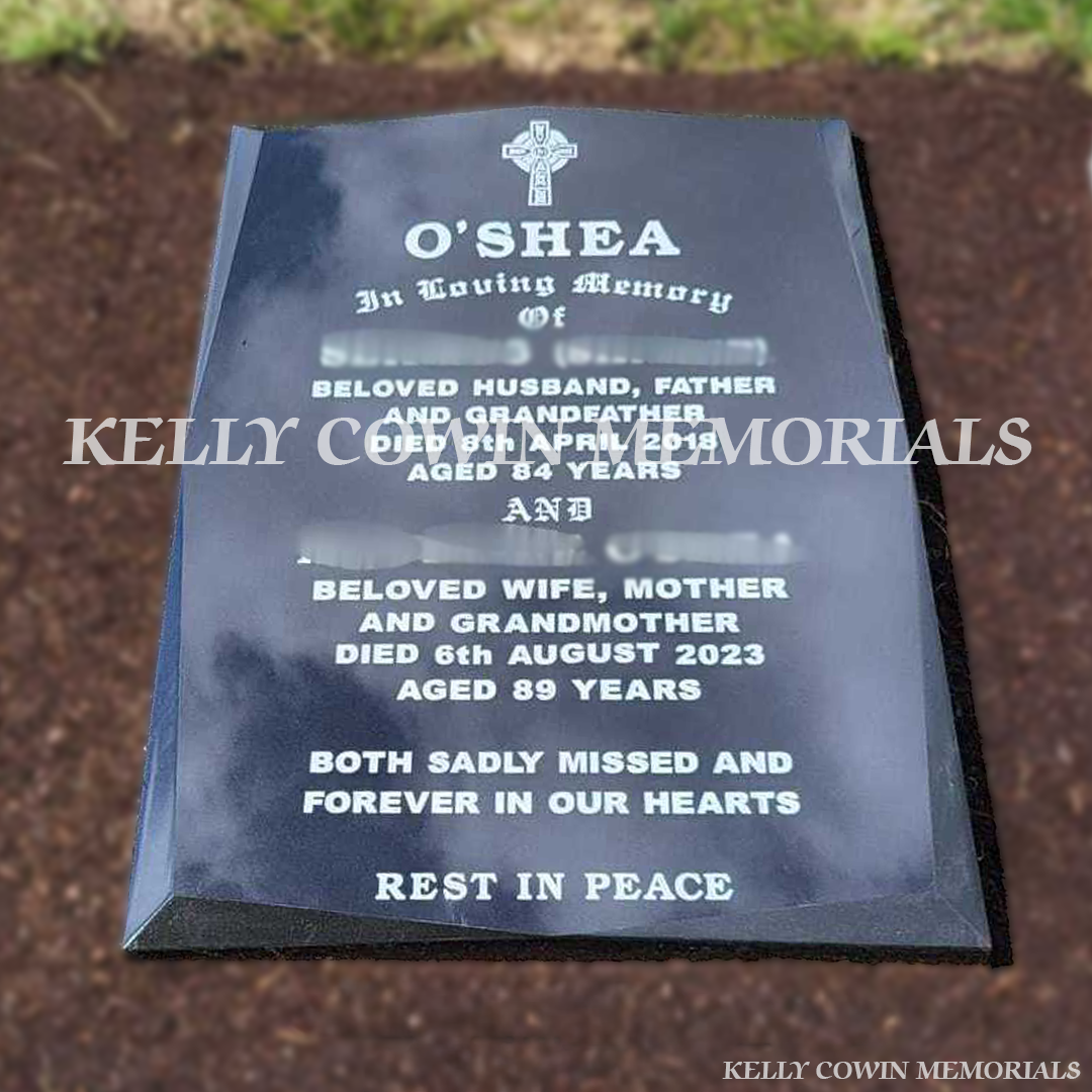 Black granite envelope-shaped headstone with silver inscription in St. Fintan’s Cemetery Sutton by Kelly Cowin Memorials