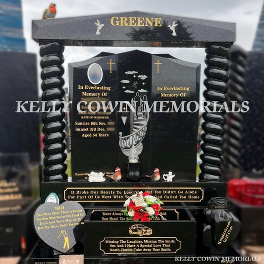 Black granite Gates of Heaven headstone with twisted pillars erected in Balgriffin Cemetery Dublin by Kelly Cowin Memorials