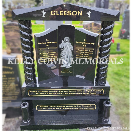 Front view of Black Granite Gates of Heaven headstone installed in Glasnevin Cemetery by Kelly Cowin Memorials