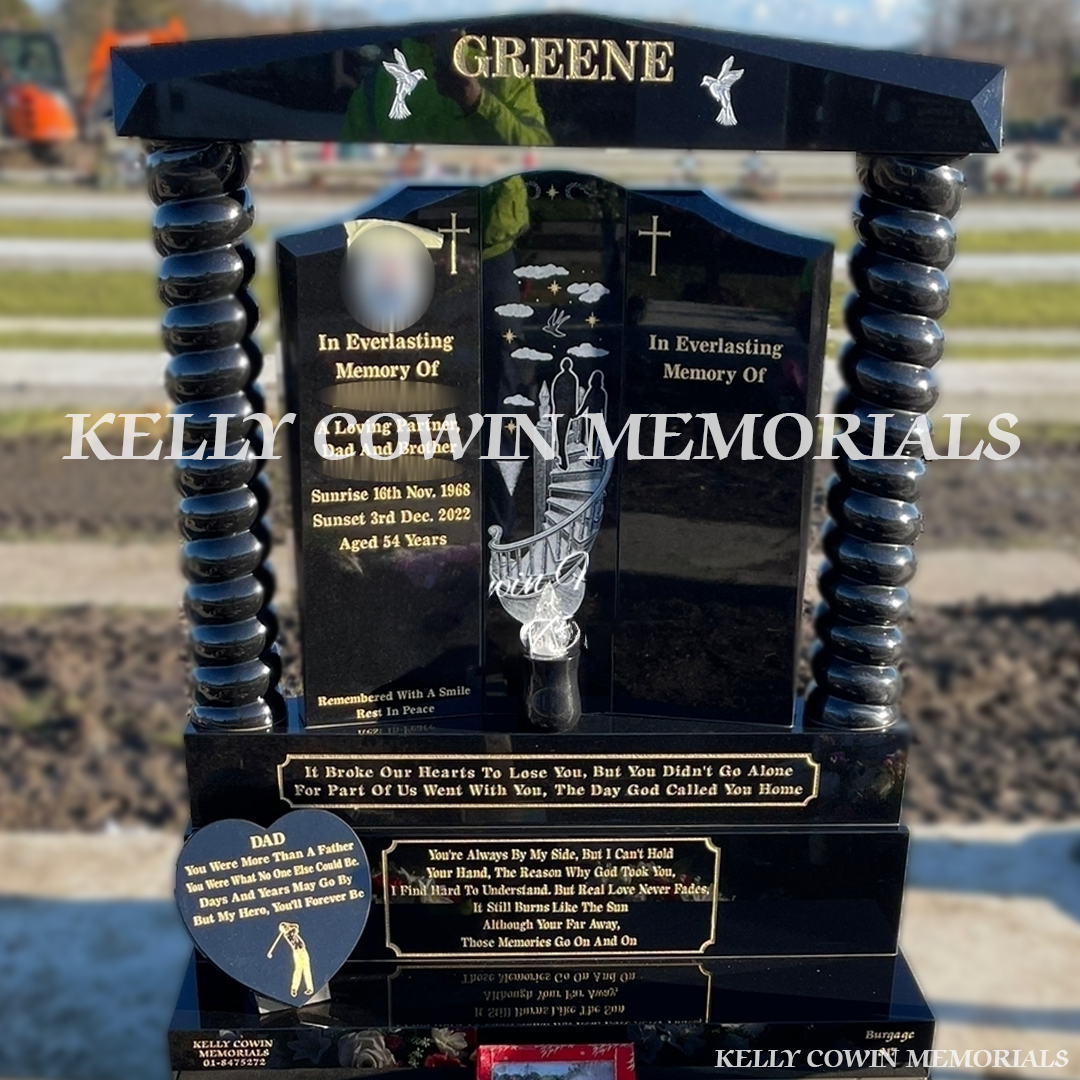 Front view of Black Granite Gates of Heaven headstone with twisted pillars and cap in Balgriffin Cemetery Dublin by Kelly Cowin Memorials