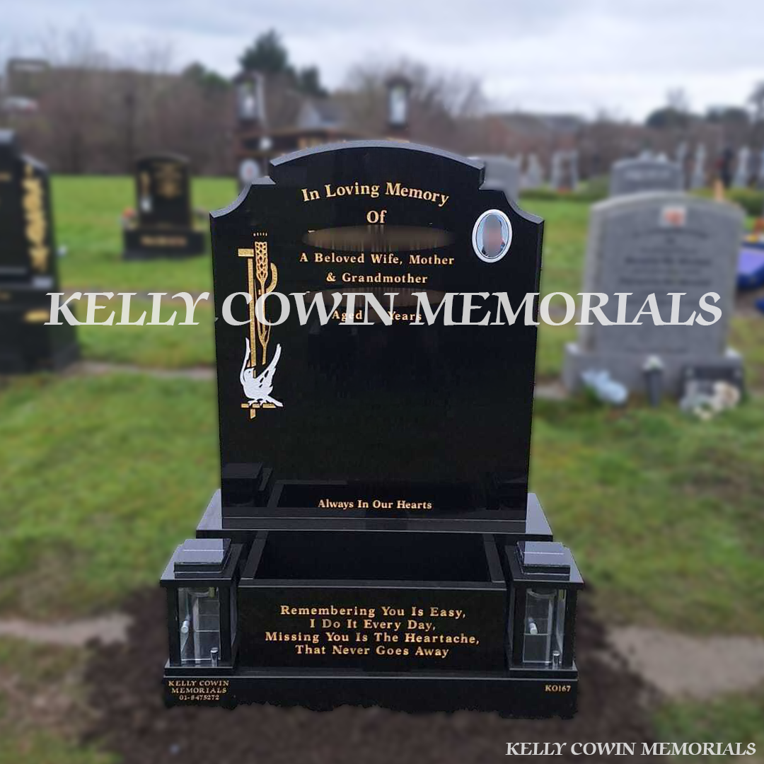 Black Granite Top Nine headstone with flower box in St. Mobhi’s Section, Glasnevin Cemetery