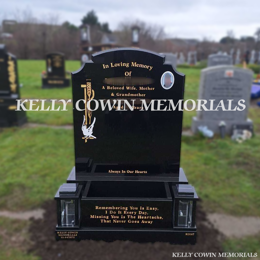 Black Granite Top Nine headstone with flower box in St. Mobhi’s Section, Glasnevin Cemetery