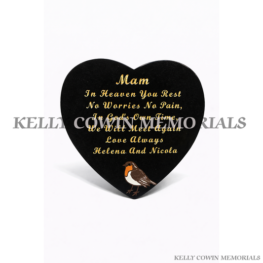 Black granite 12 inch heart shaped memorial plaque grave accessory with personalised engraving, available locally and nationwide in Ireland