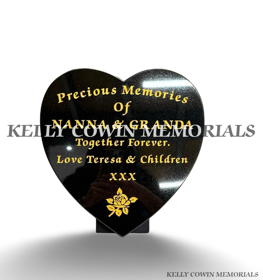 Black granite heart memorial plaque with personalised gold inscription, engraved gold rose and freestanding support by Kelly Cowin Memorials.