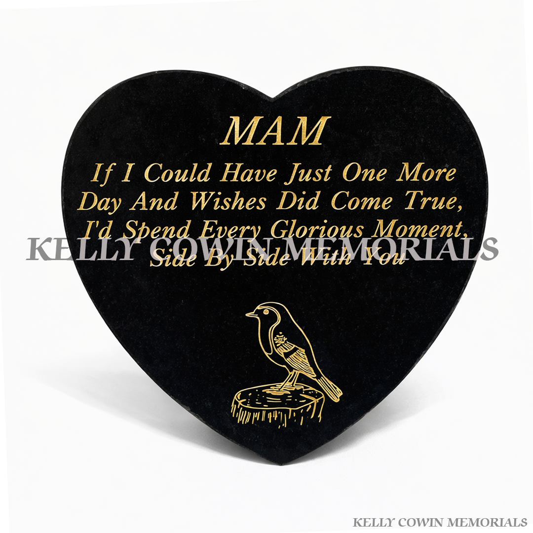 Black granite 12 inch heart shaped memorial plaque grave accessory with personalised engraving, available locally and nationwide in Ireland