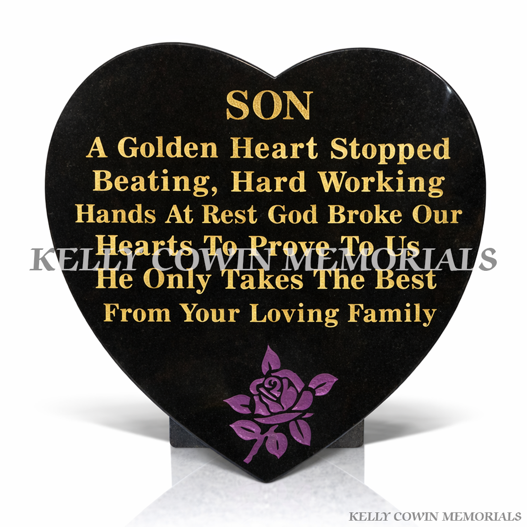 Black granite 12 inch heart shaped memorial plaque with personalised engraving by Kelly Cowin Memorials, available locally and nationwide
